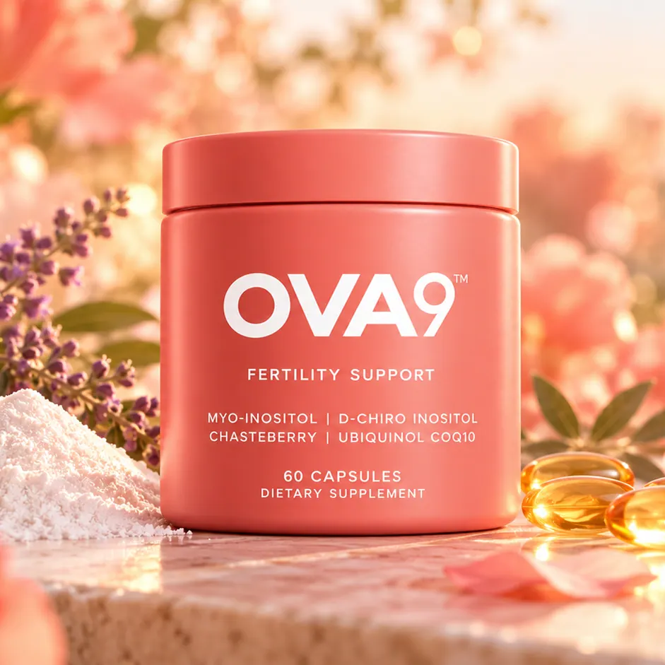 OVA9 Fertility Support jar with myo-inositol, chasteberry, and ubiquinol CoQ10