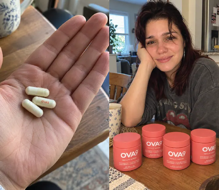 A woman holding capsules beside OVA9 jars