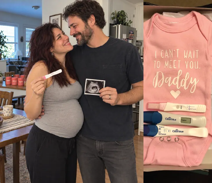 A couple with a positive test and a pregnant belly